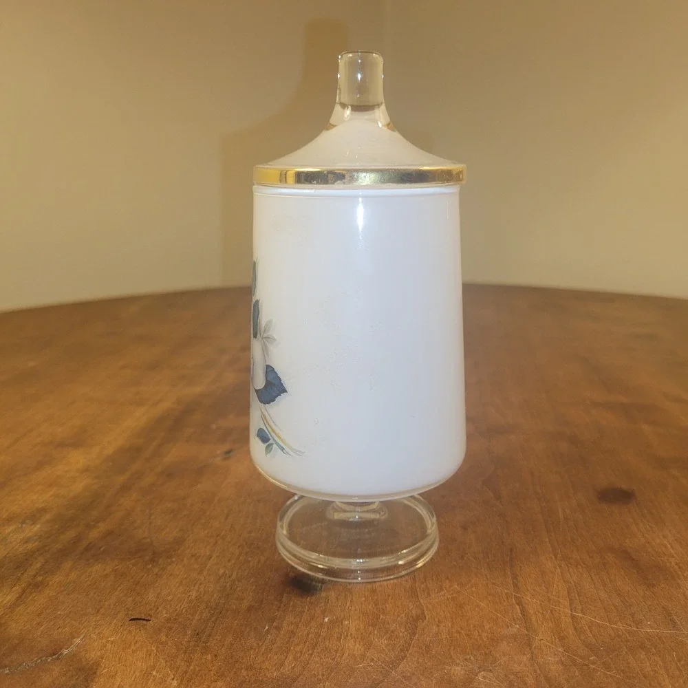 West Virginia Apothecary‎ Jar With Blue Roses Lidded Pedestal Apothecary Jar